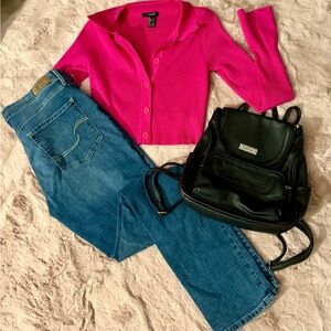 Pink Light Cardigan and Blue Jeans Set